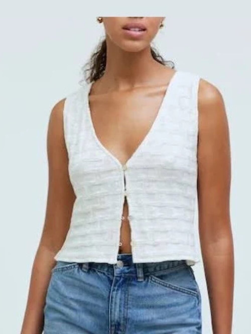 Madewell Cream Basketweave Stitch Button Up Cropped Vest